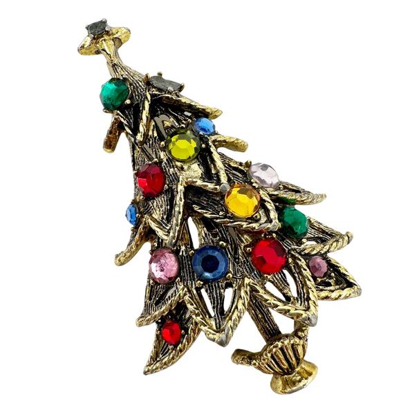 vintage Hollycraft gold & rhinestones Christmas Tree BROOCH holidays jewelry pin - Picture 4 of 8
